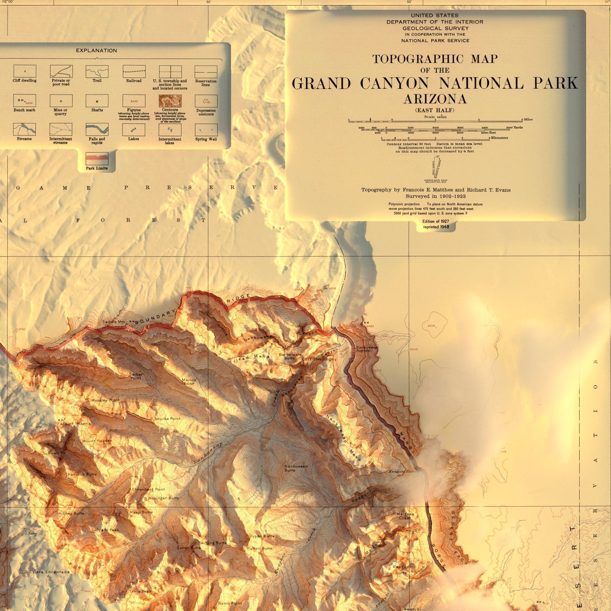 Grand Canyon 1948 Shaded Relief Map - Muir Way - Vintage Relief