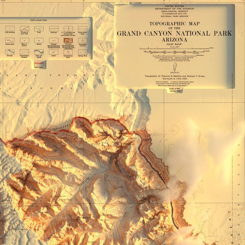 Grand Canyon 1948 Shaded Relief Map - Muir Way - Vintage Relief