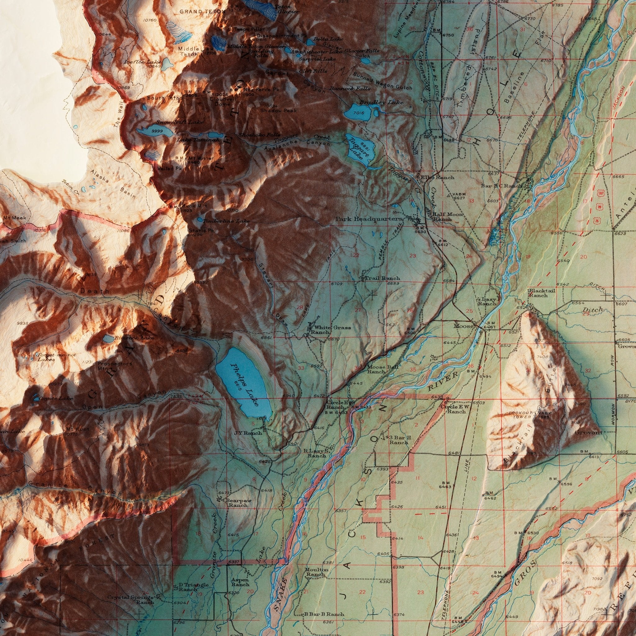 Grand Teton National Park 1965 Shaded Relief Map - Muir Way - Vintage Relief