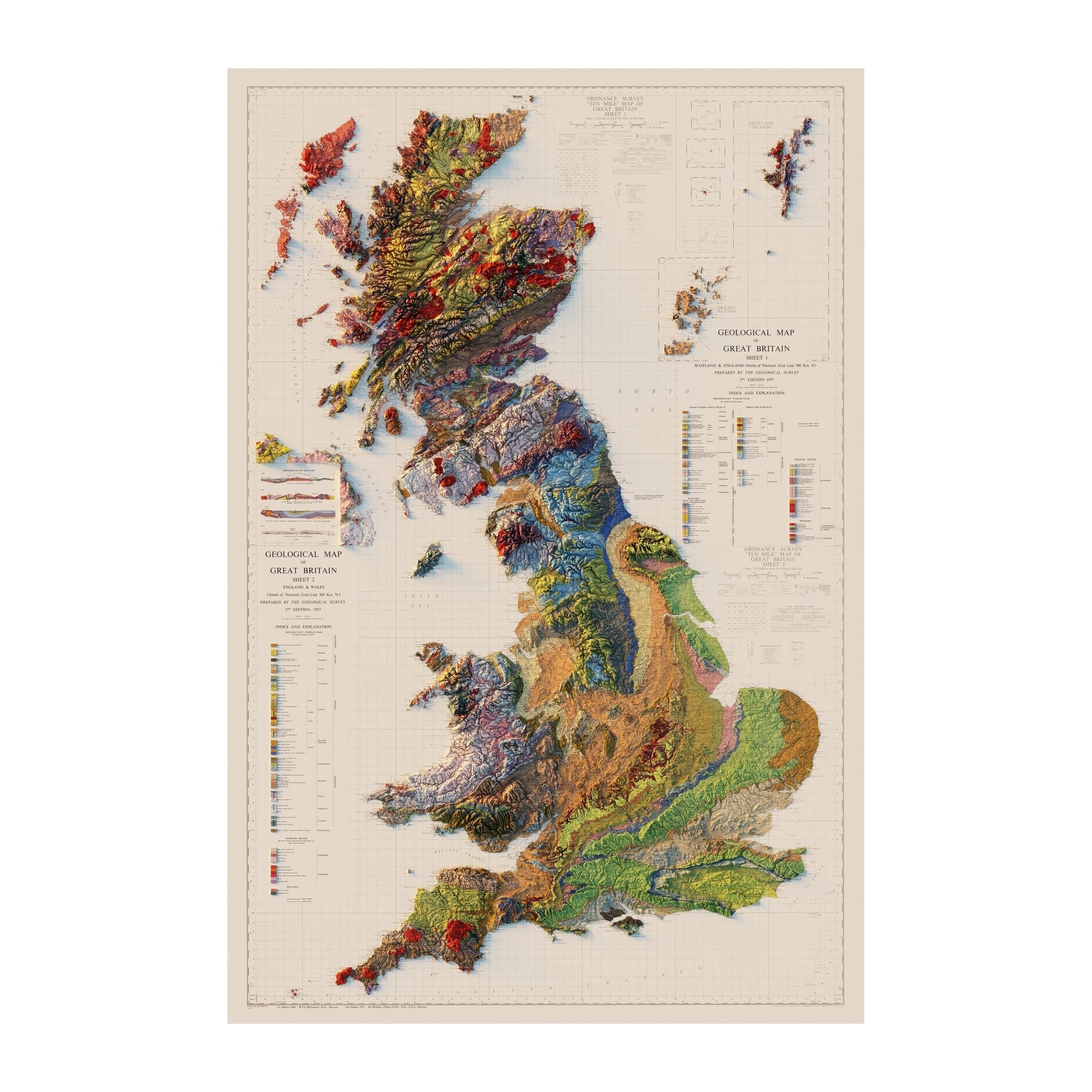 Great Britain 1957 Shaded Relief Map - Muir Way - Vintage Relief