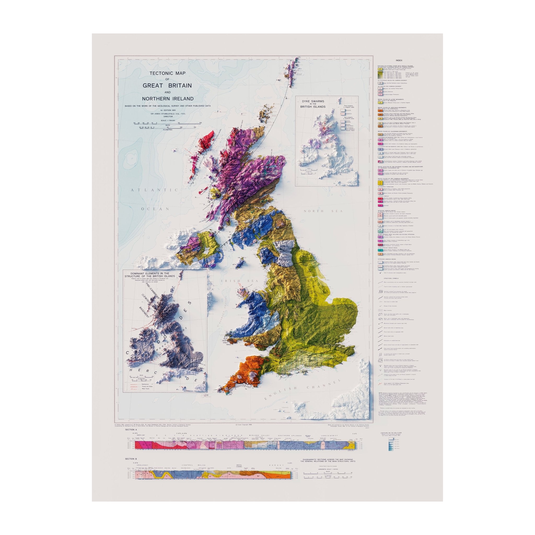Great Britain and Northern Ireland 1966 Shaded Relief Map - Muir Way - Vintage Relief