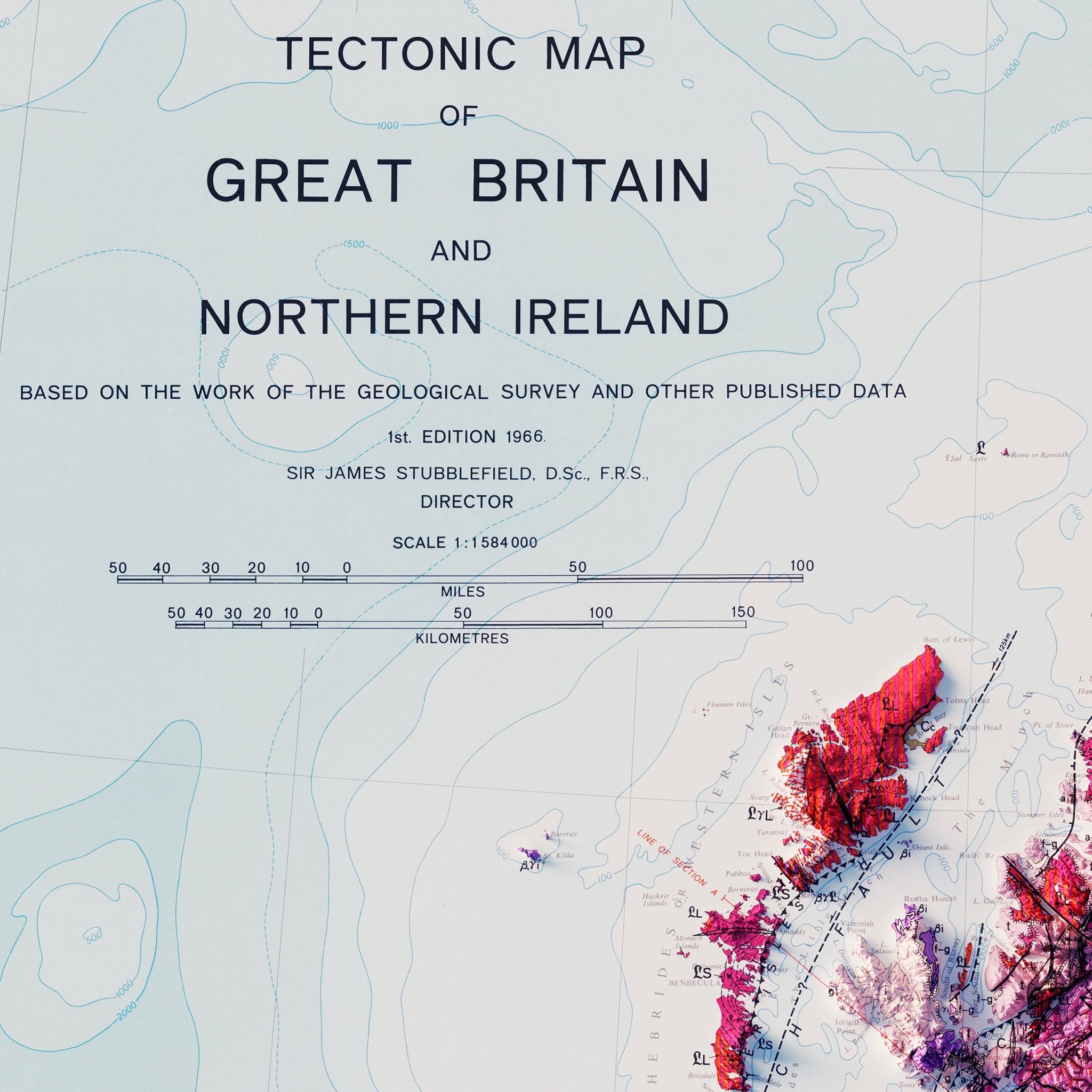 Great Britain and Northern Ireland 1966 Shaded Relief Map - Muir Way - Vintage Relief