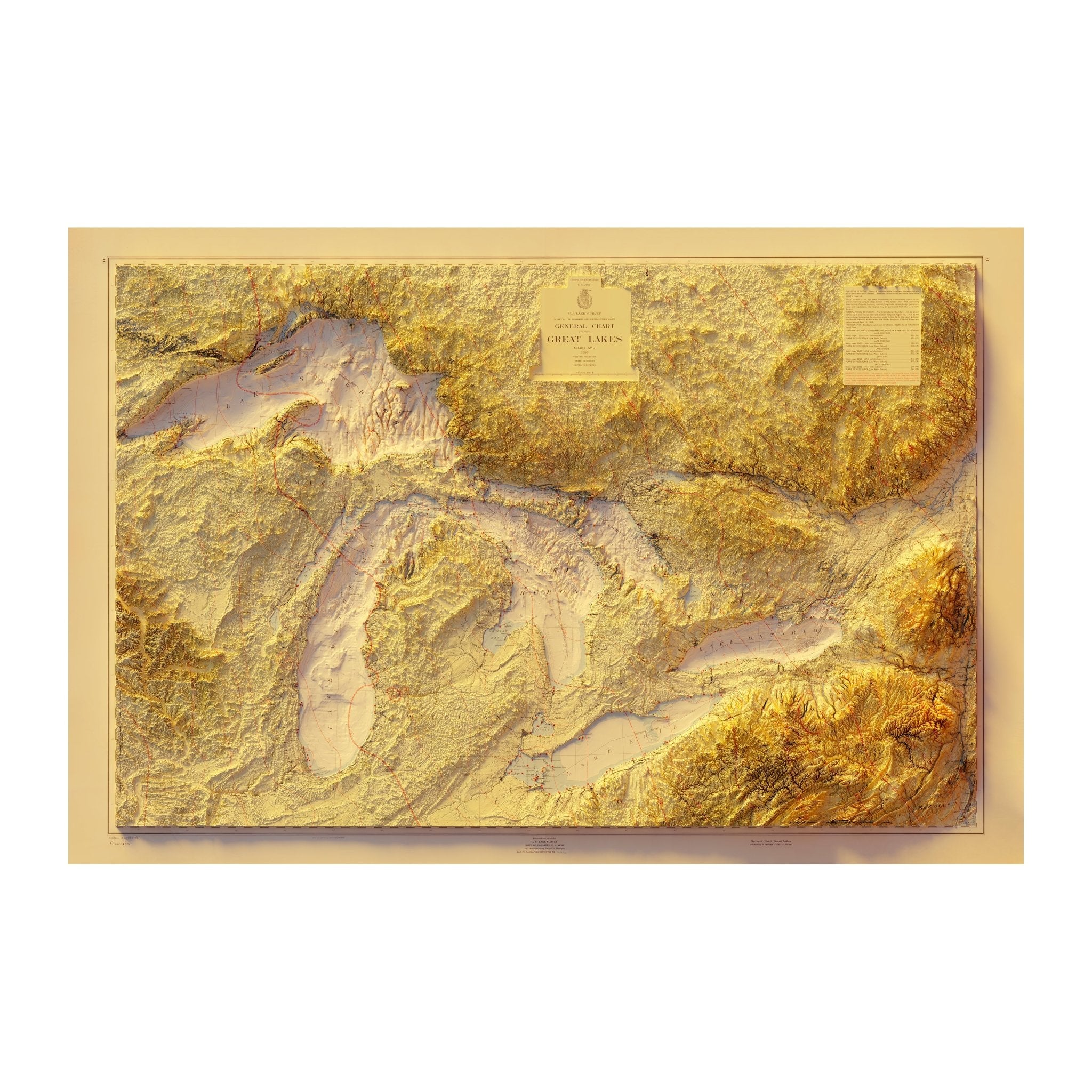 Great Lakes 1955 Shaded Relief Map - Muir Way - Vintage Relief