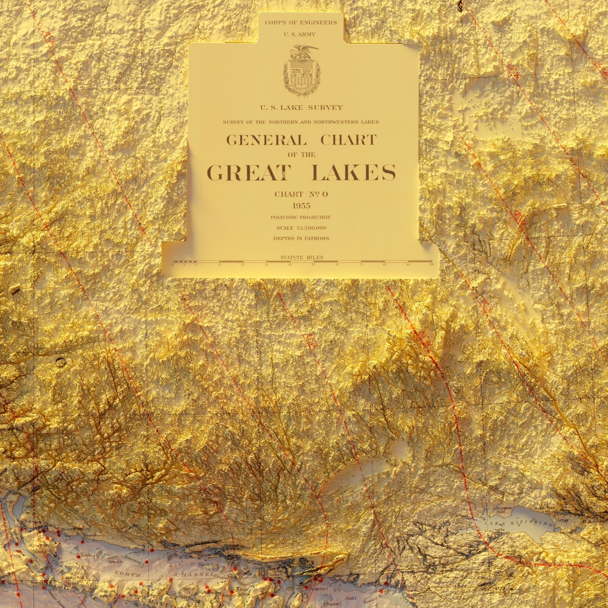 Great Lakes 1955 Shaded Relief Map - Muir Way - Vintage Relief