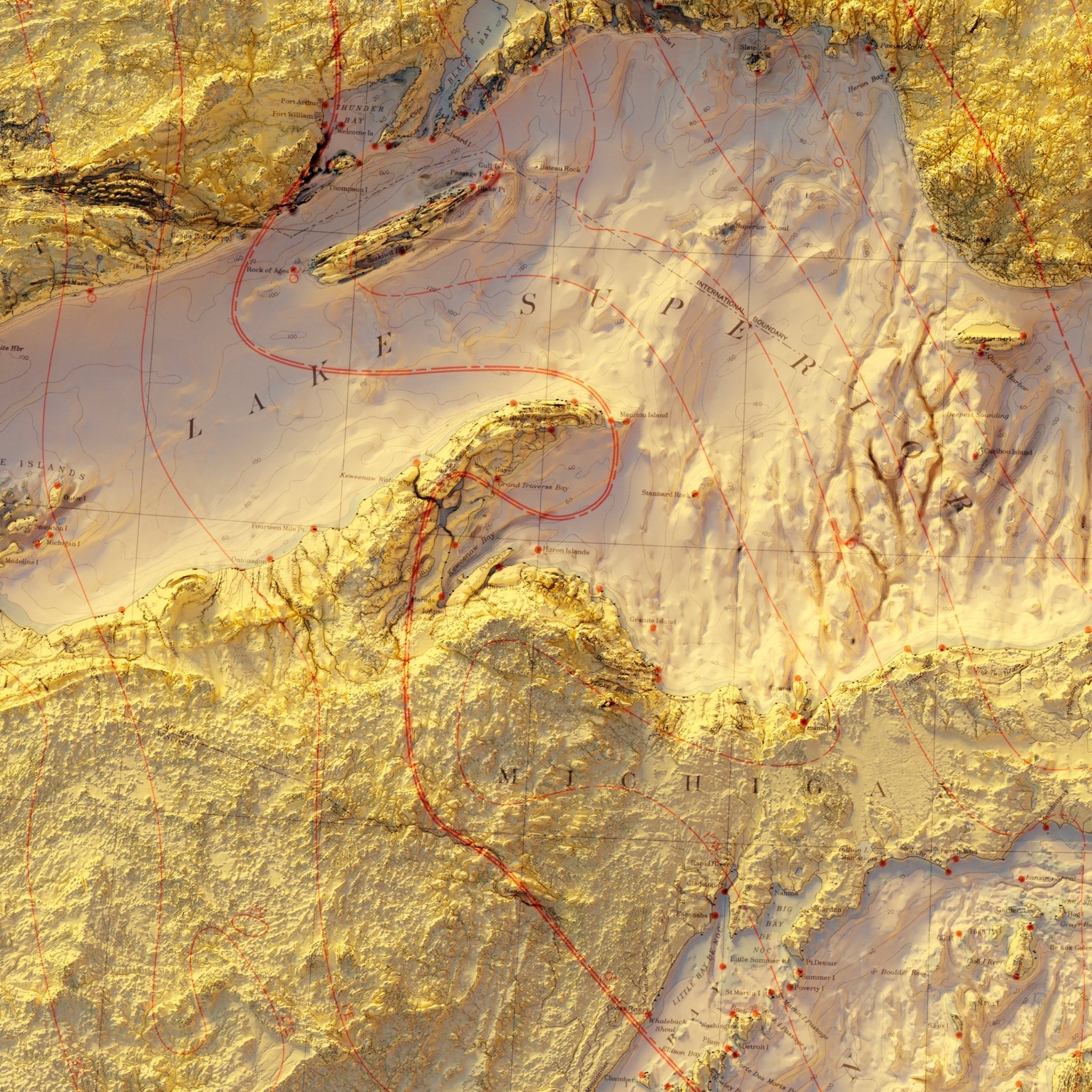 Great Lakes 1955 Shaded Relief Map - Muir Way - Vintage Relief