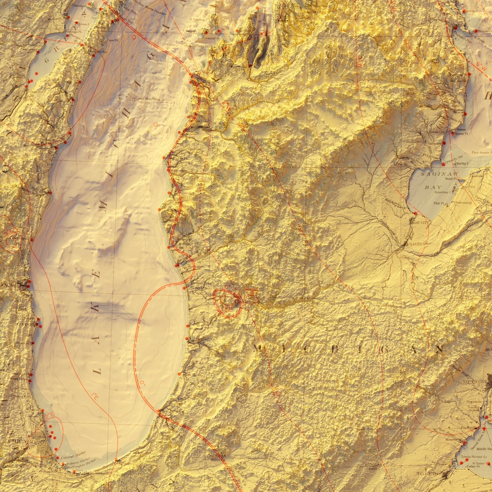 Great Lakes 1955 Shaded Relief Map - Muir Way - Vintage Relief