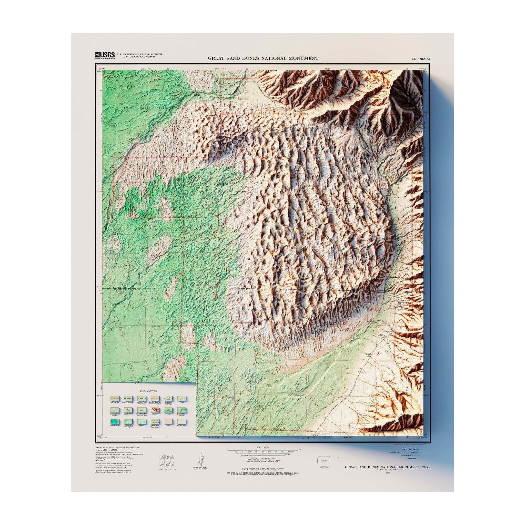 Great Sand Dunes National Park 1967 Shaded Relief Map - Muir Way - Vintage Relief