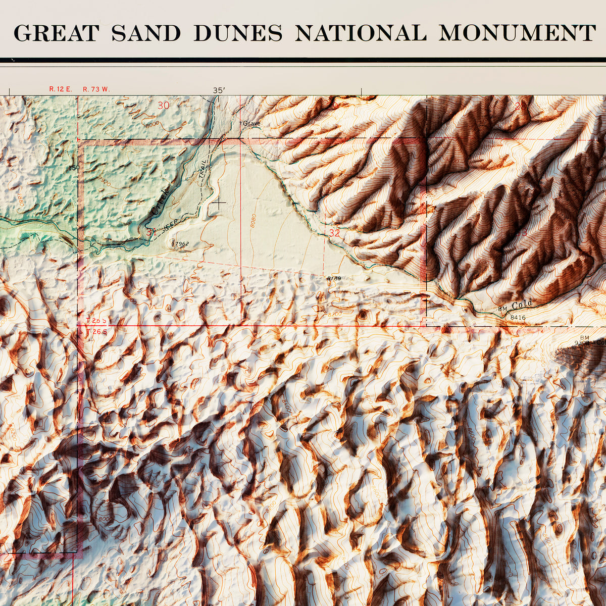 Great Sand Dunes National Park 1967 Shaded Relief Map Muir Way   Great Sand Dunes 1967 Relief Map Detail1 1200x 