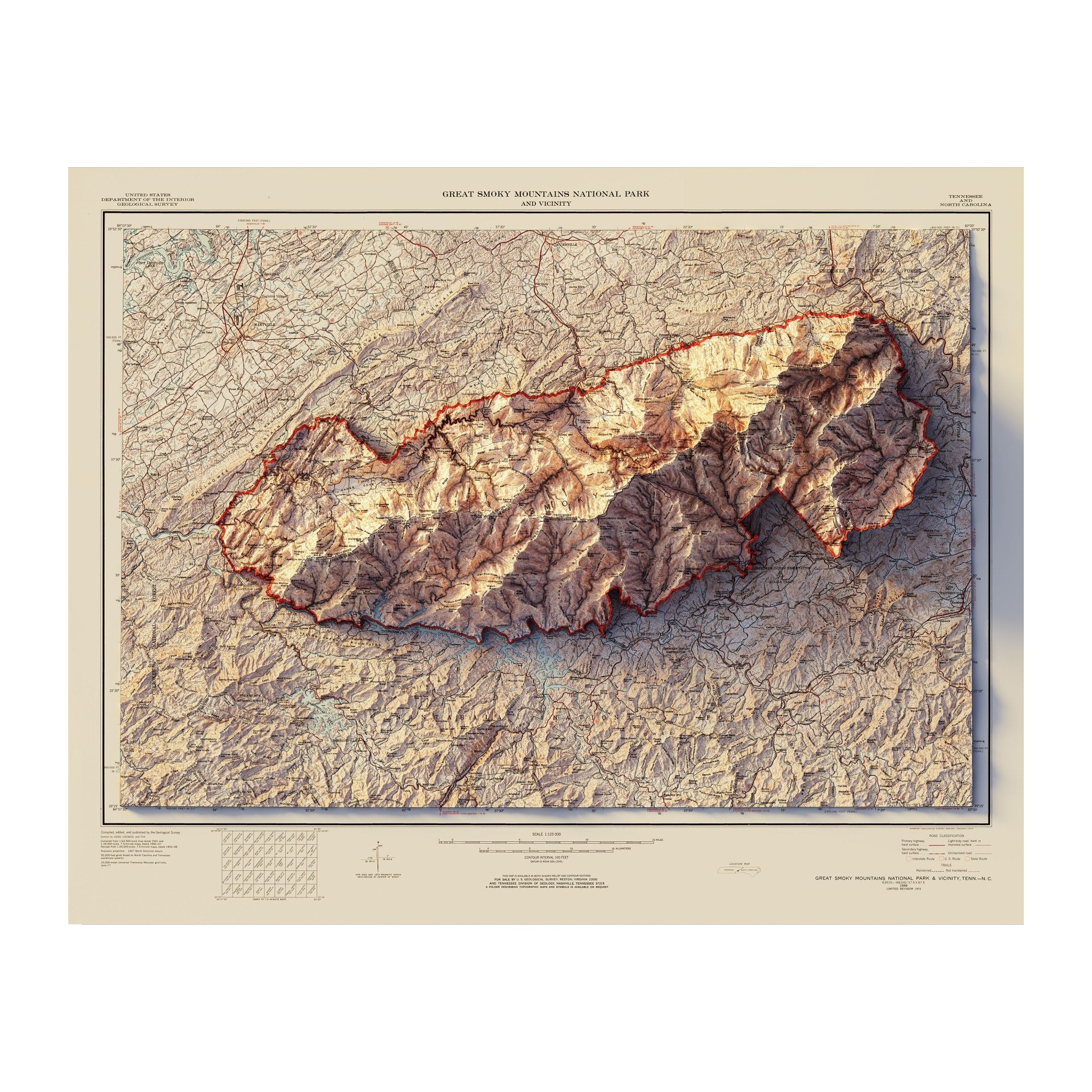 Great Smoky Mountains 1974 Shaded Relief Map - Muir Way - Vintage Relief