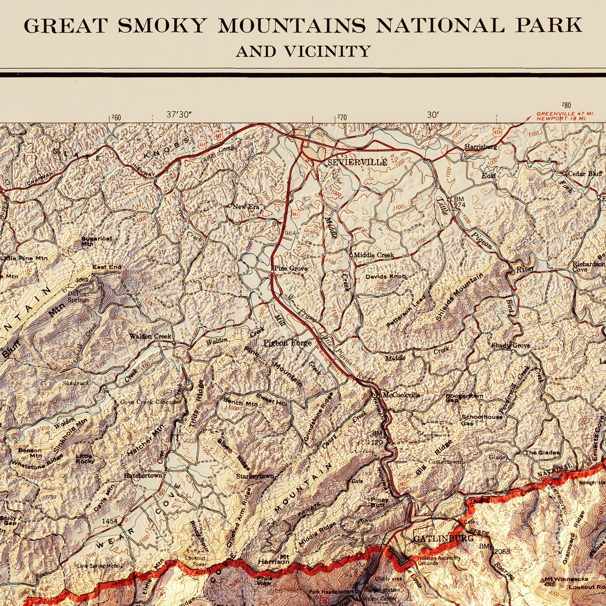 Great Smoky Mountains 1974 Shaded Relief Map - Muir Way - Vintage Relief
