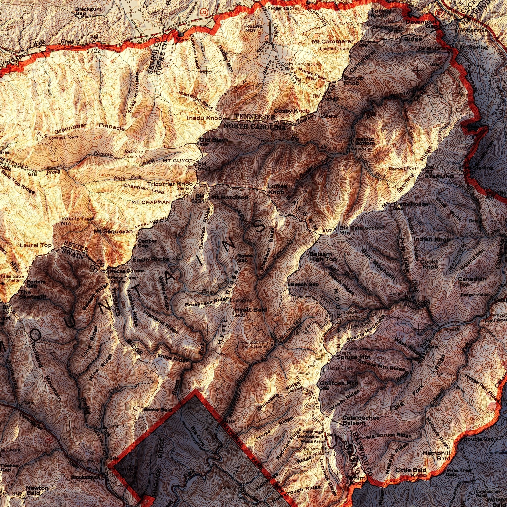 Great Smoky Mountains 1974 Shaded Relief Map - Muir Way - Vintage Relief