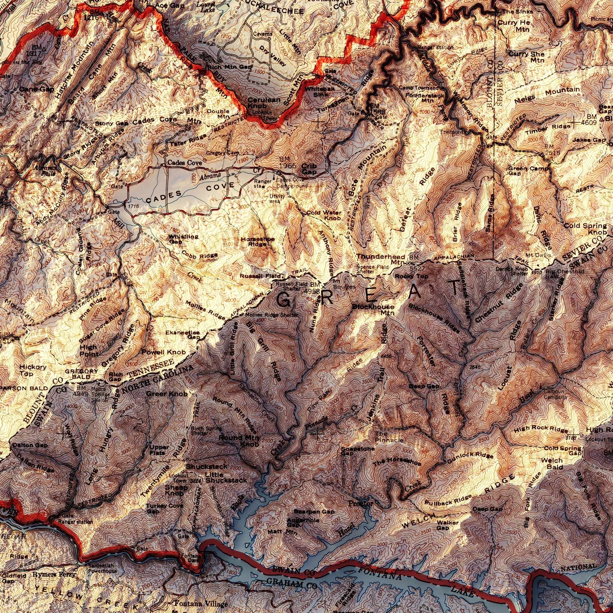 Great Smoky Mountains 1974 Shaded Relief Map - Muir Way - Vintage Relief