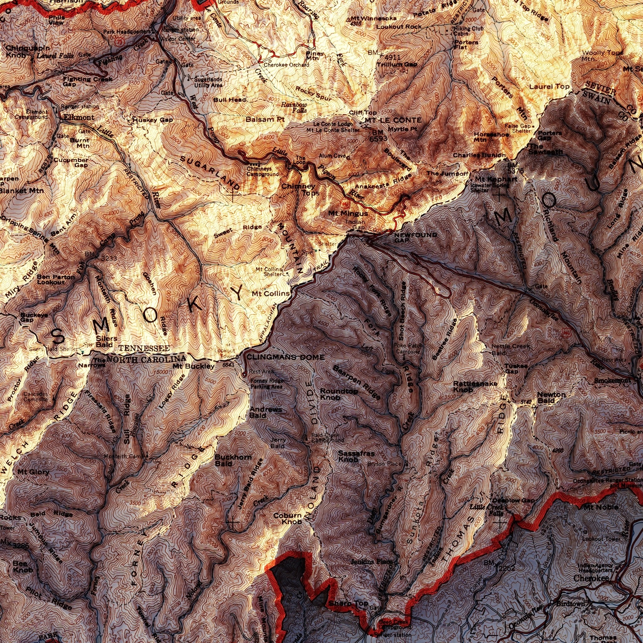 Great Smoky Mountains 1974 Shaded Relief Map - Muir Way - Vintage Relief