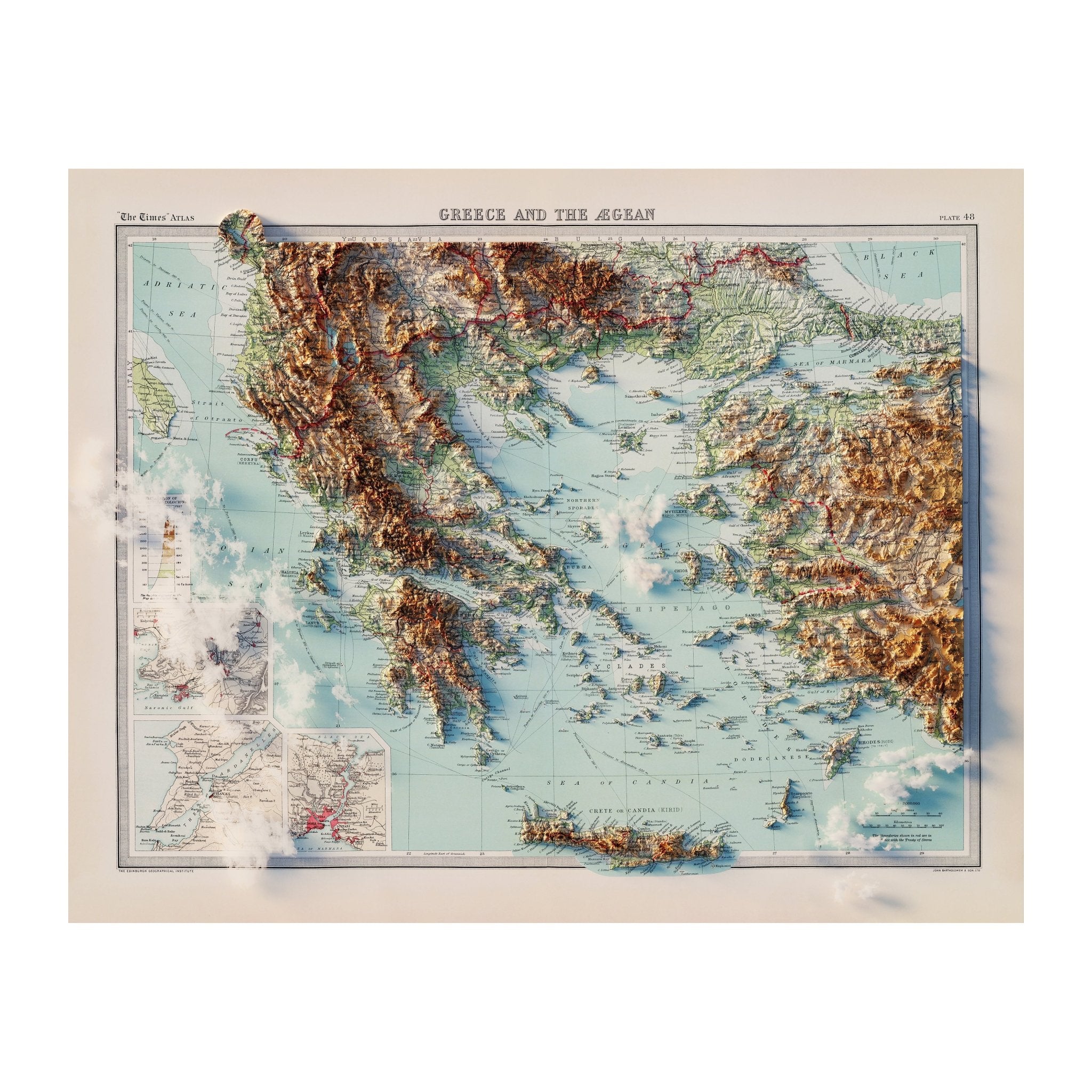 Greece and the Aegean Sea 1922 Shaded Relief Map - Muir Way - Vintage Relief