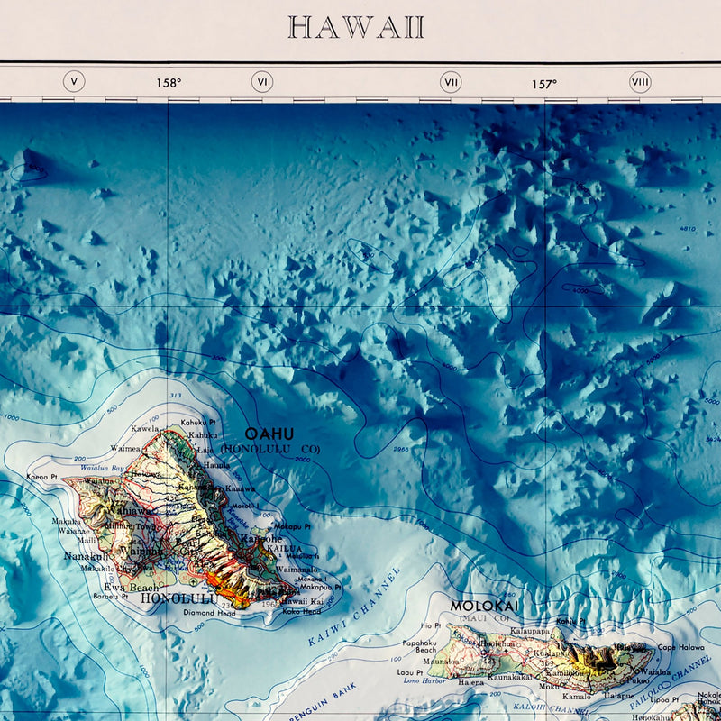 Hawaiian Islands 1971 Shaded Relief Map - Muir Way - Vintage Relief