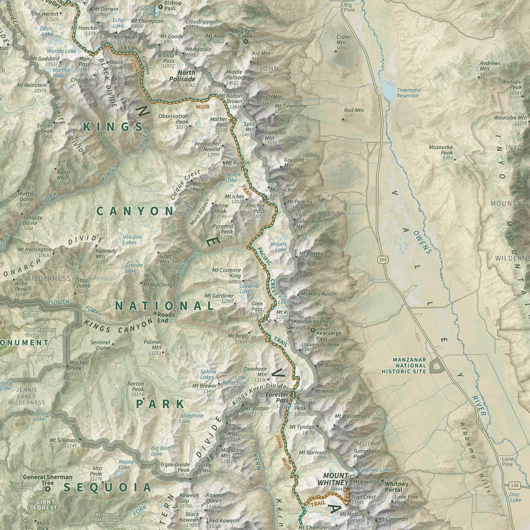 The John Muir Trail Shaded Relief Map - Muir Way - Natural Atlas