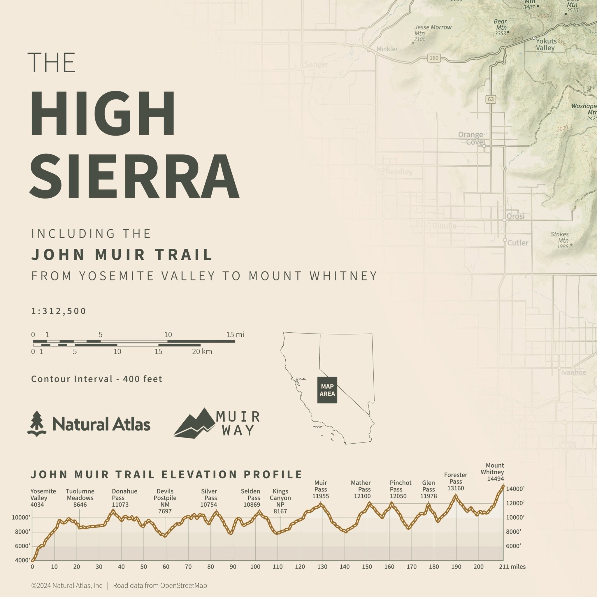 The John Muir Trail Shaded Relief Map - Muir Way - Natural Atlas