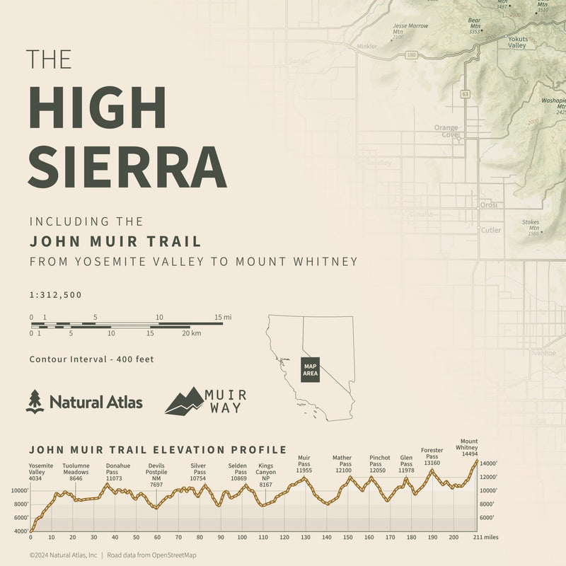 The John Muir Trail Shaded Relief Map - Muir Way - Natural Atlas