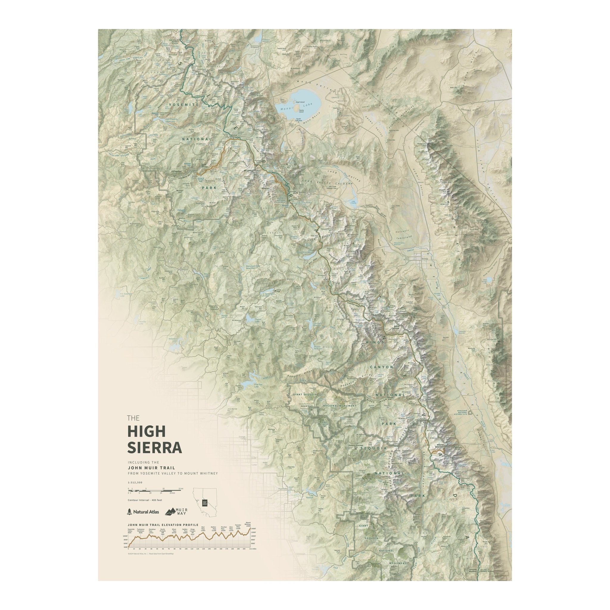 The John Muir Trail Shaded Relief Map - Muir Way - Natural Atlas