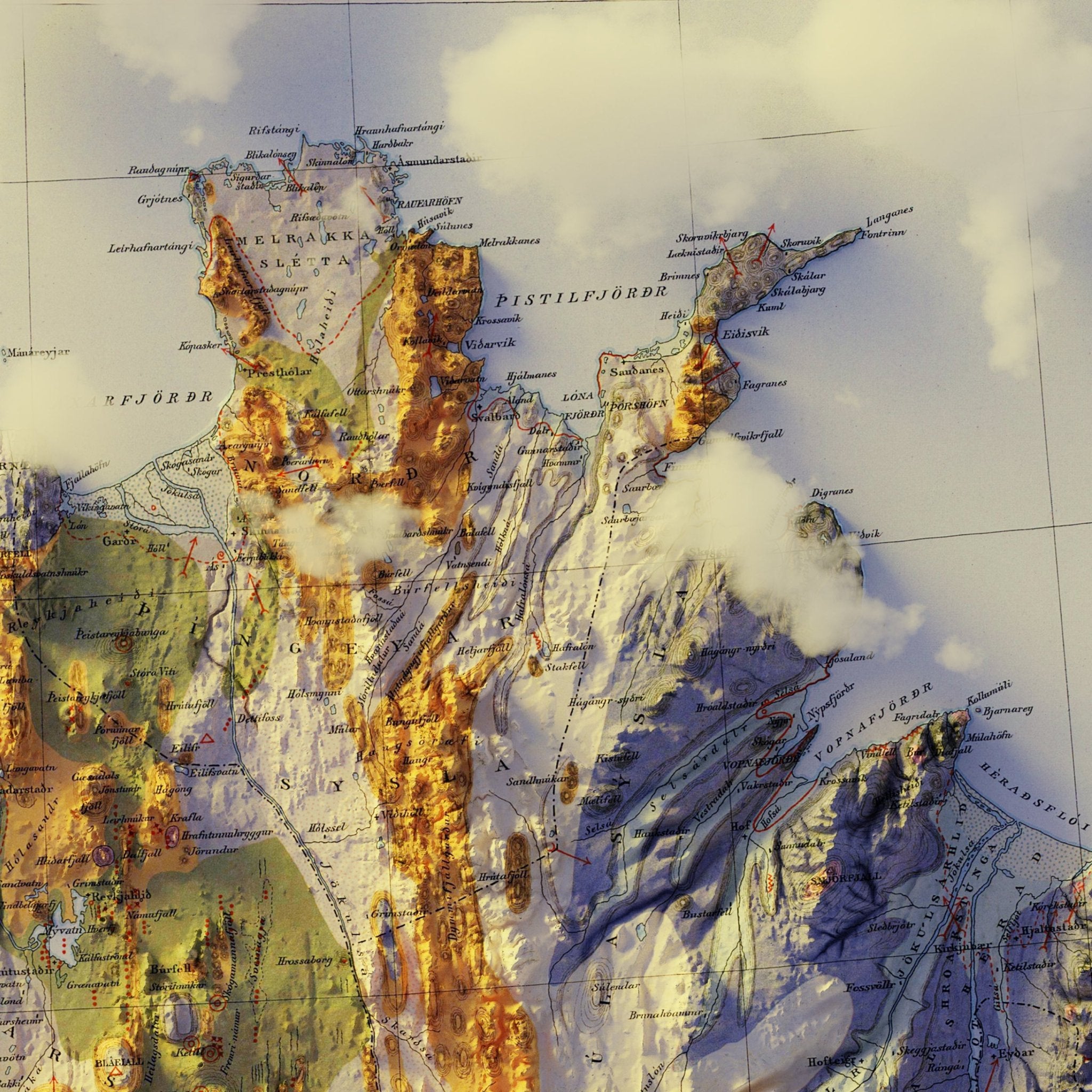 Iceland 1901 Shaded Relief Map - Muir Way - Vintage Relief