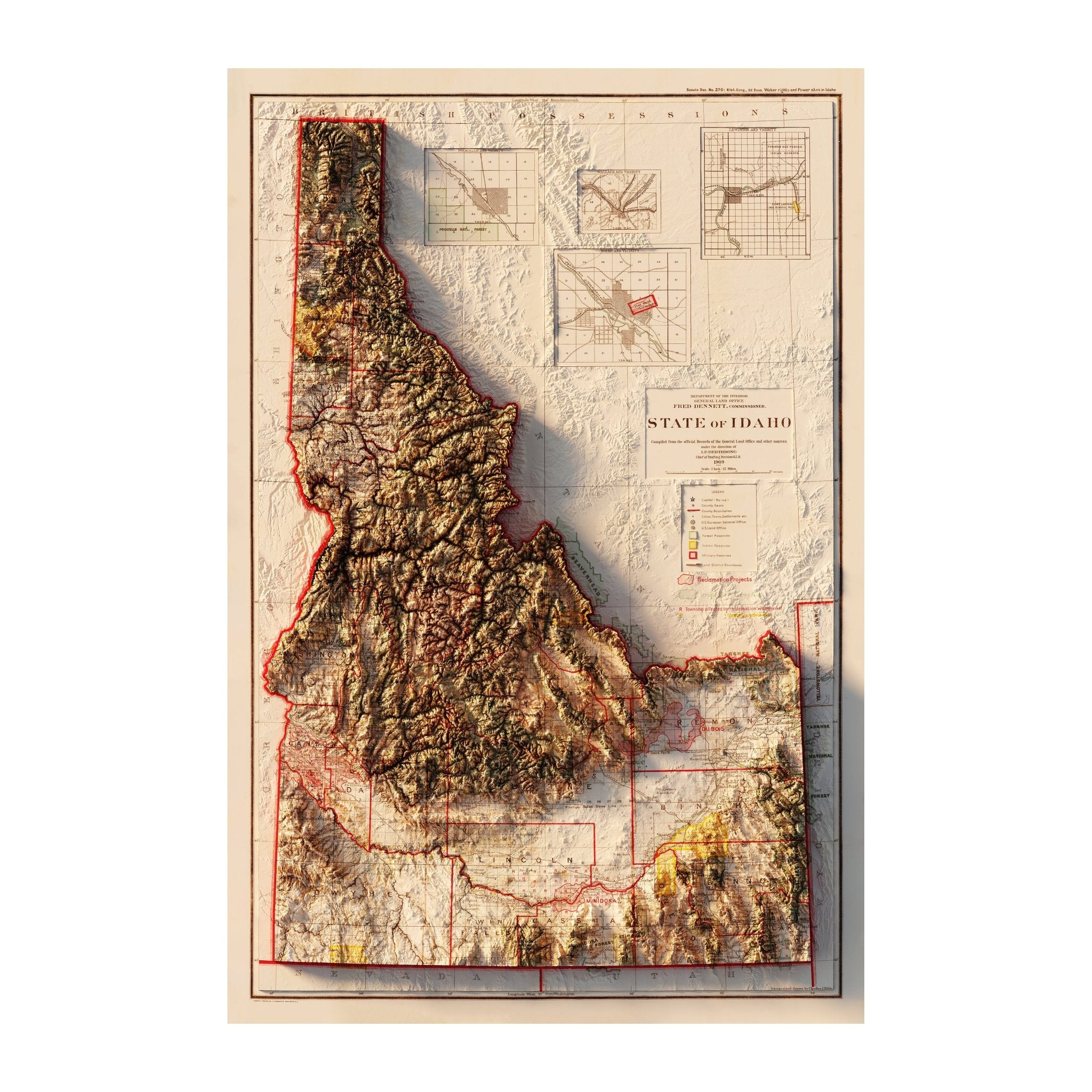 Idaho 1909 Shaded Relief Map - Muir Way - Vintage Relief
