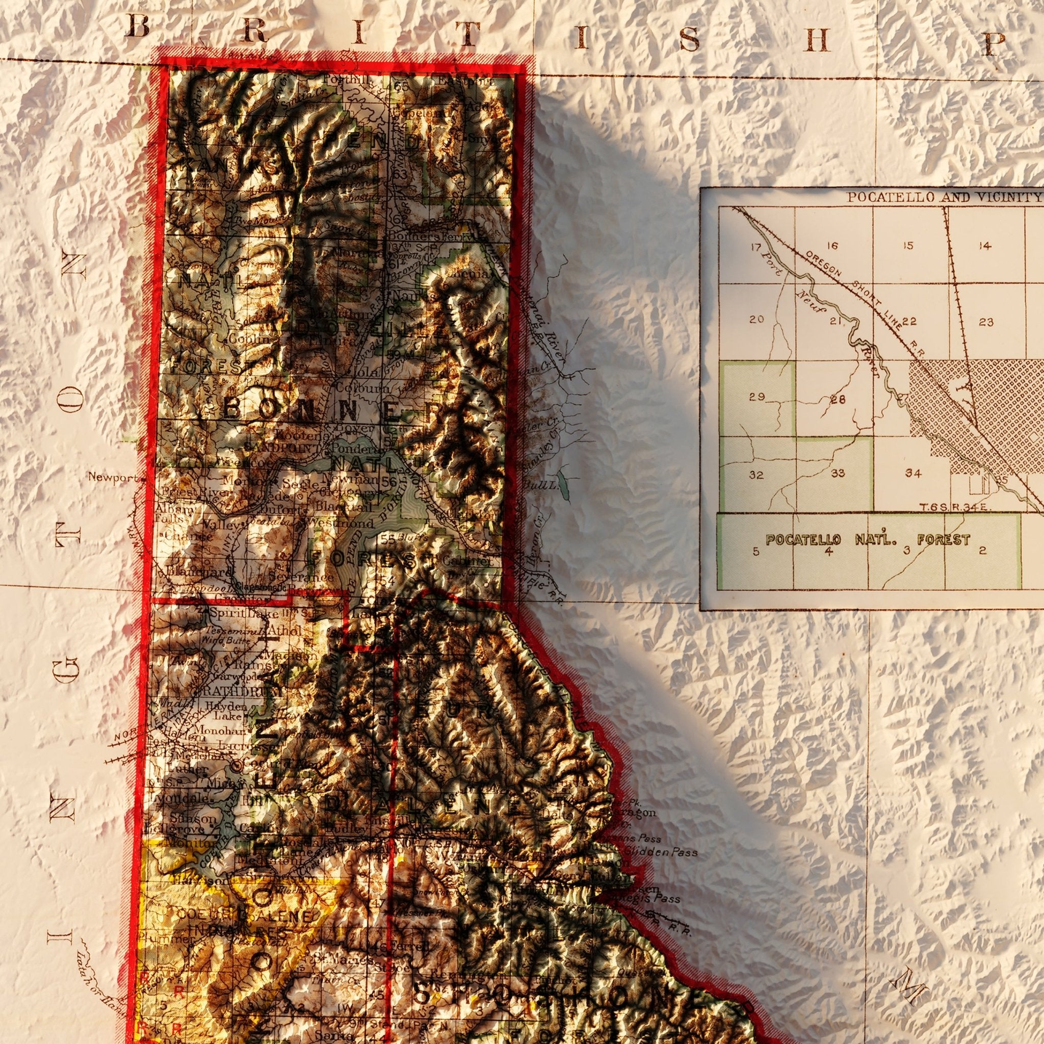 Idaho 1909 Shaded Relief Map - Muir Way - Vintage Relief