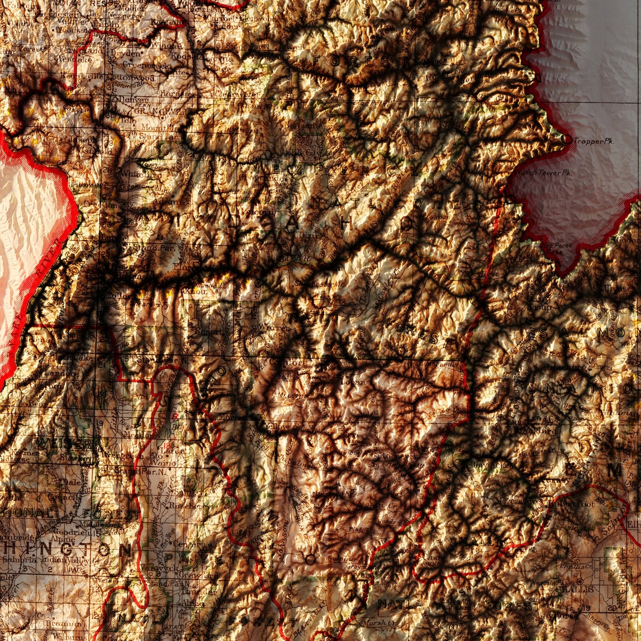 Idaho 1909 Shaded Relief Map - Muir Way - Vintage Relief