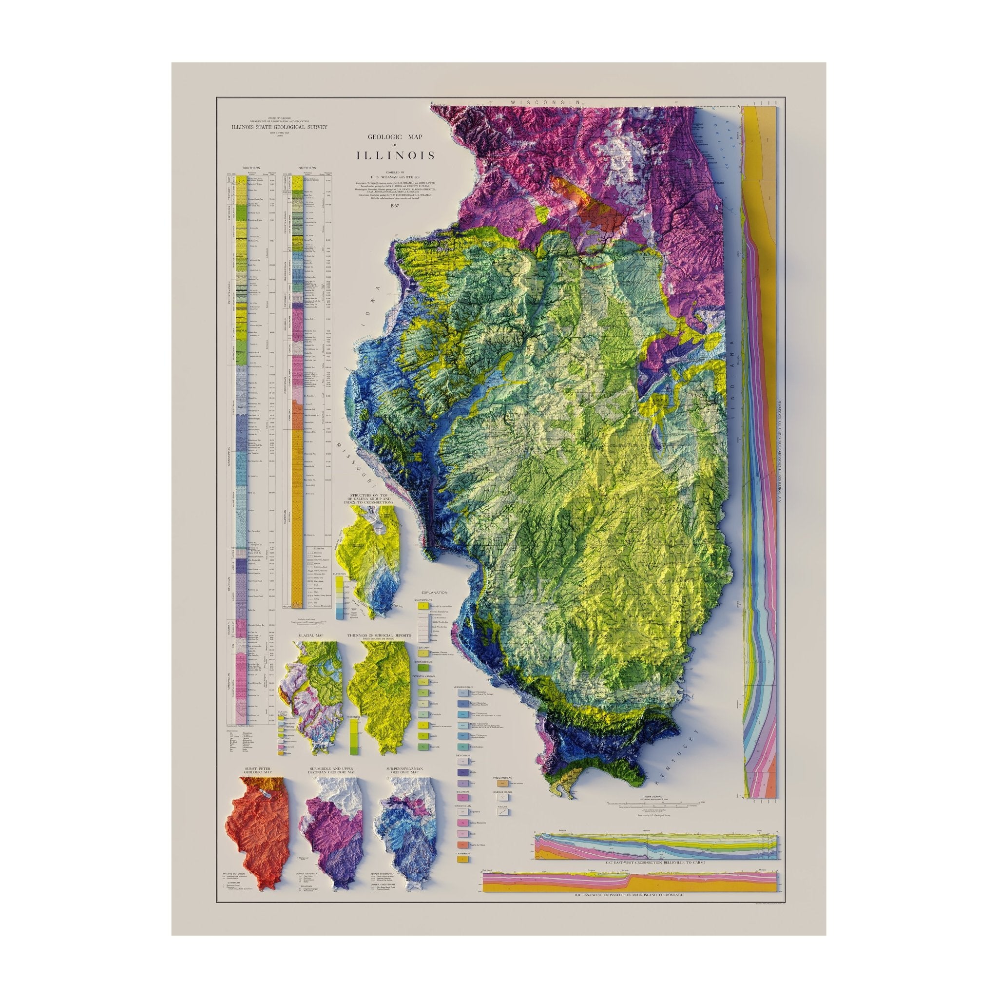 Illinois 1967 Shaded Relief Map - Muir Way - Vintage Relief