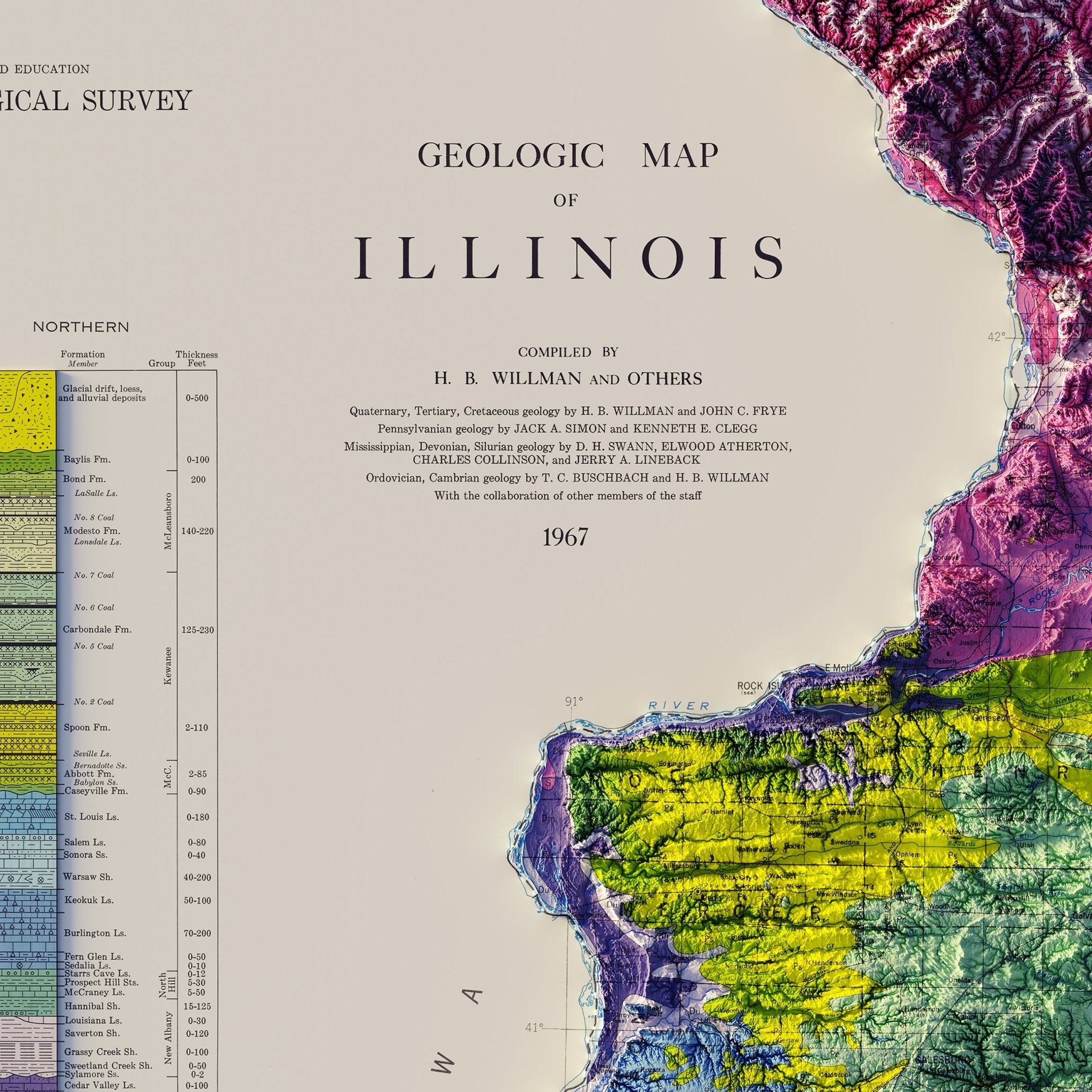 Illinois 1967 Shaded Relief Map - Muir Way - Vintage Relief