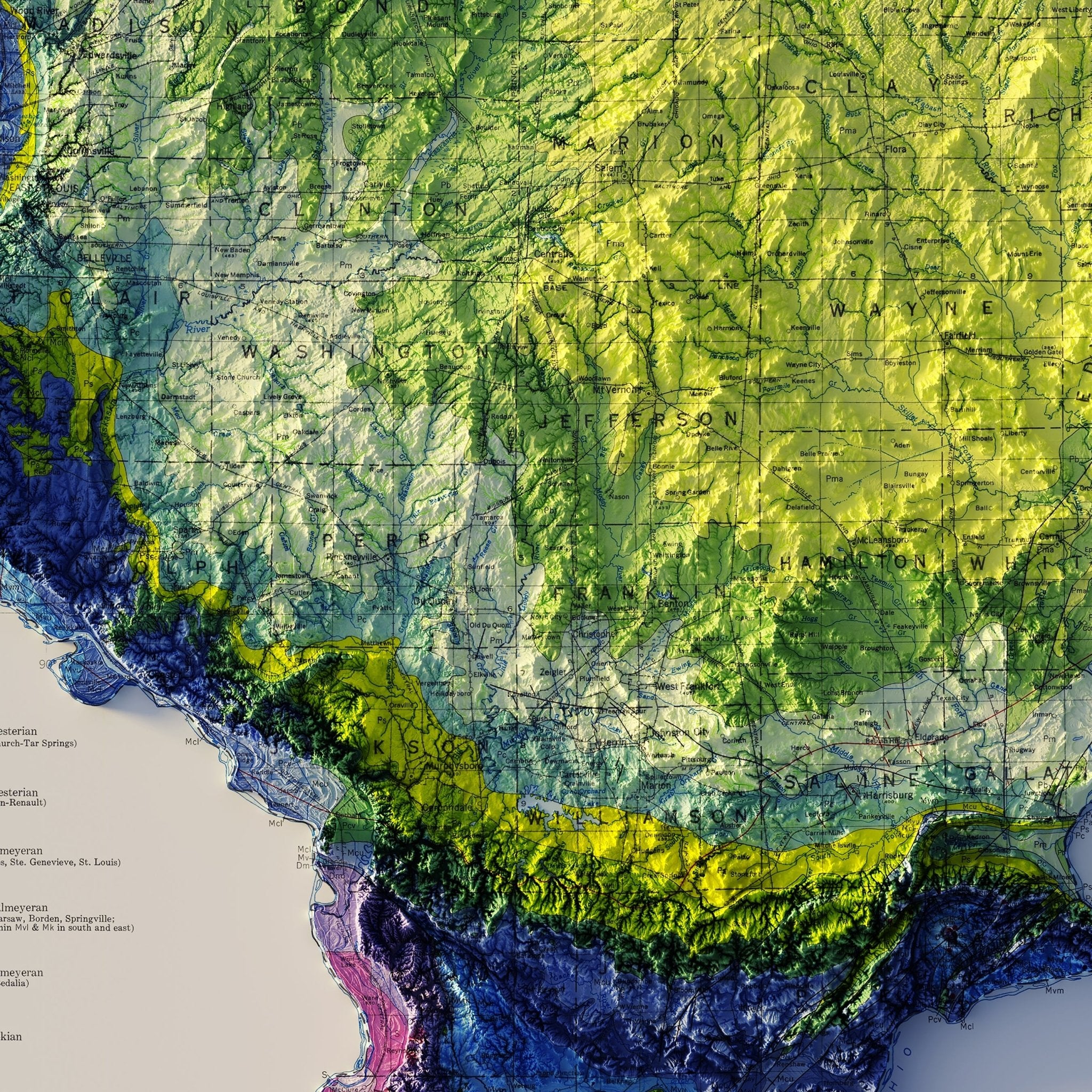 Illinois 1967 Shaded Relief Map - Muir Way - Vintage Relief