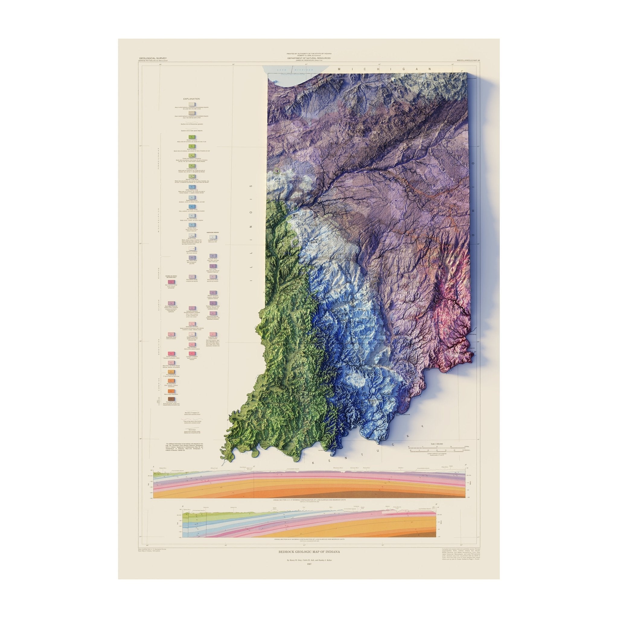 Indiana 1987 Shaded Relief Map - Muir Way - Vintage Relief