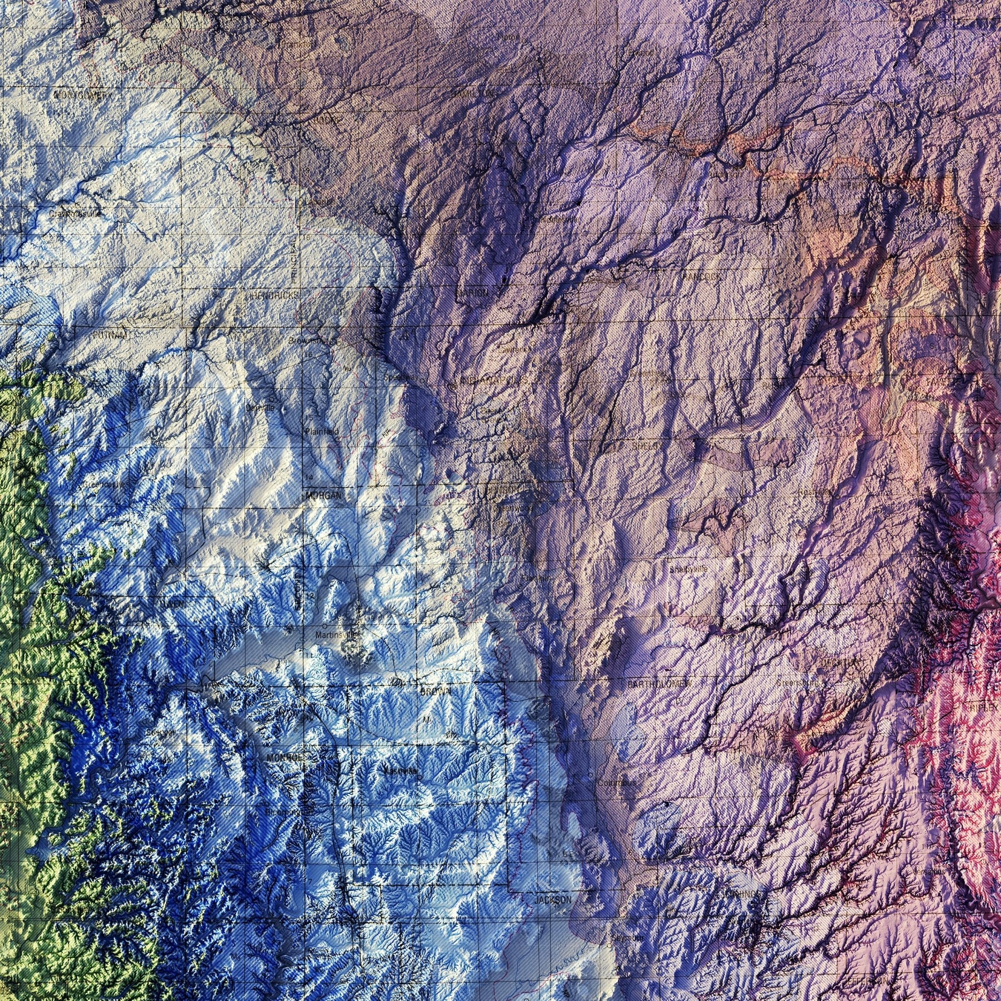 Indiana 1987 Shaded Relief Map - Muir Way - Vintage Relief