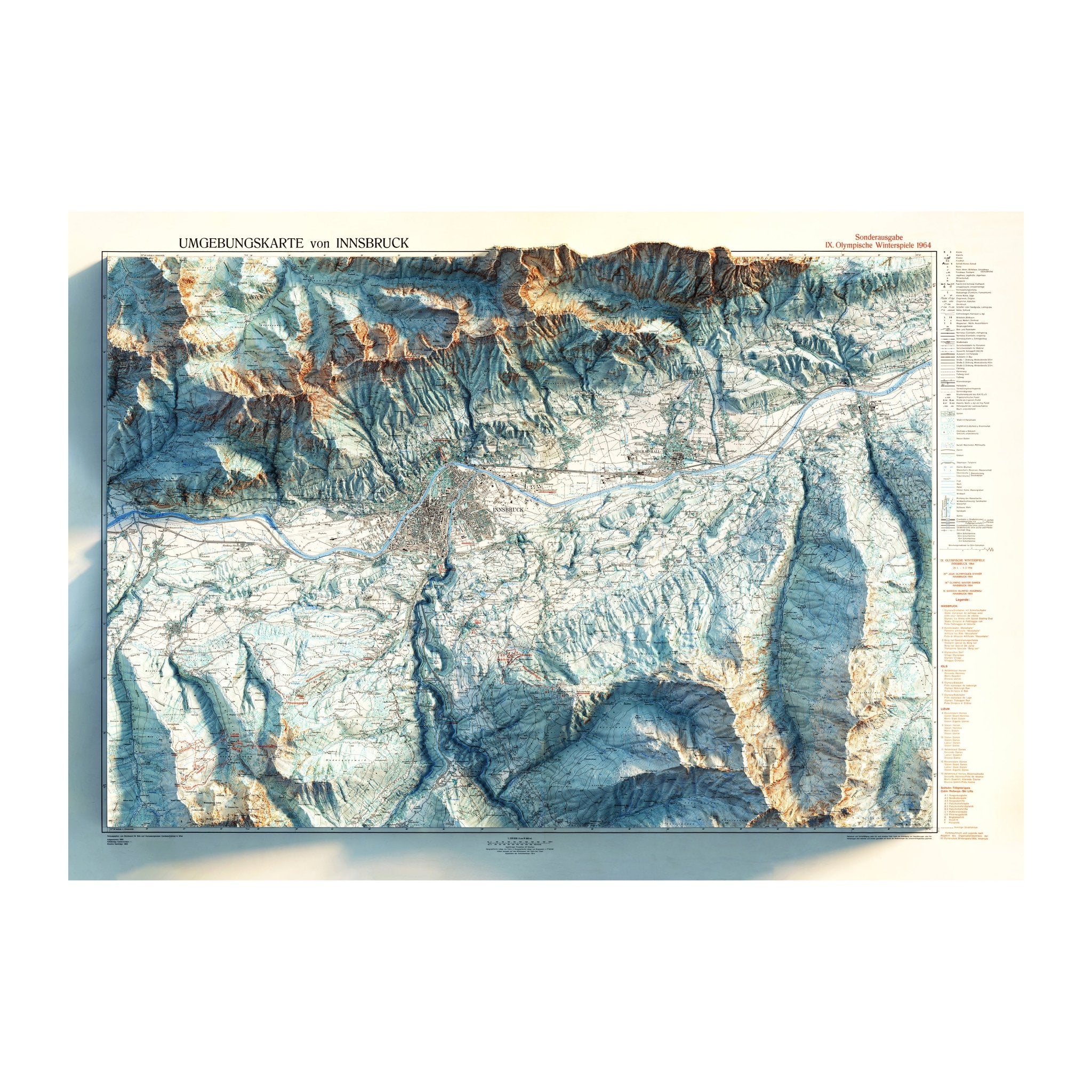 Innsbruck, Austria 1964 Shaded Relief Map - Muir Way - Vintage Relief