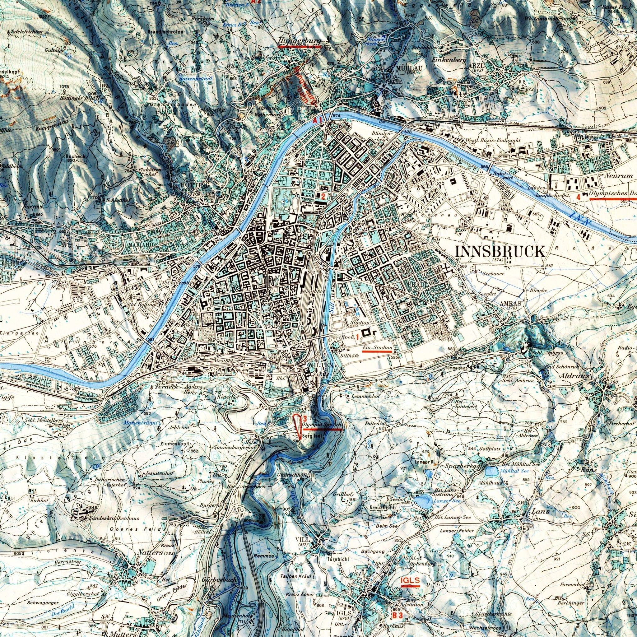 Innsbruck, Austria 1964 Shaded Relief Map - Muir Way - Vintage Relief