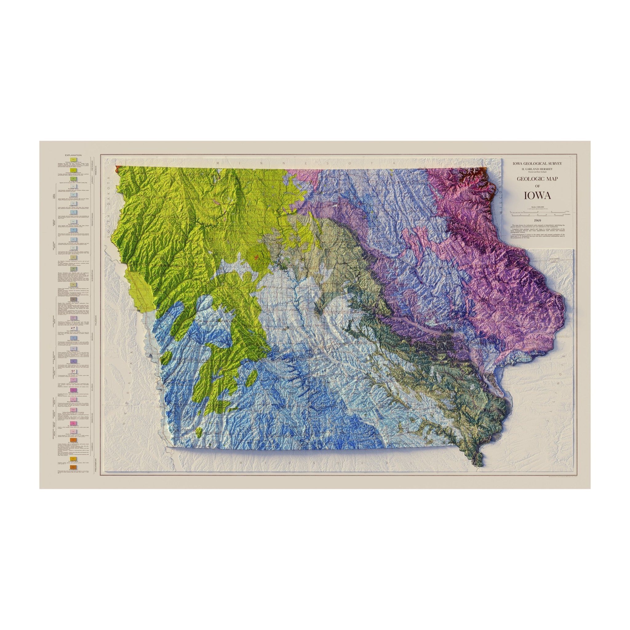 Iowa 1969 Shaded Relief Map - Muir Way - Vintage Relief