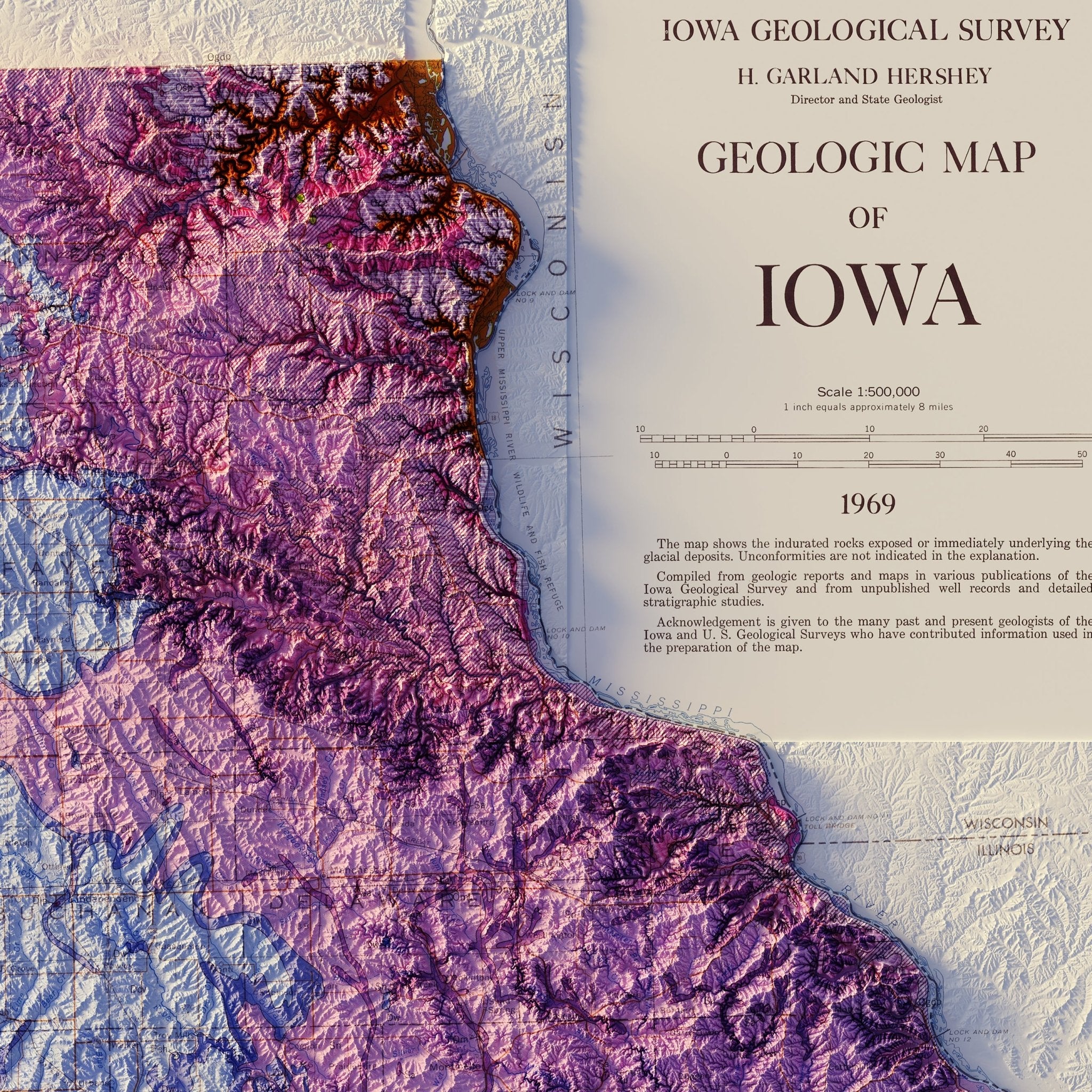 Iowa 1969 Shaded Relief Map - Muir Way - Vintage Relief