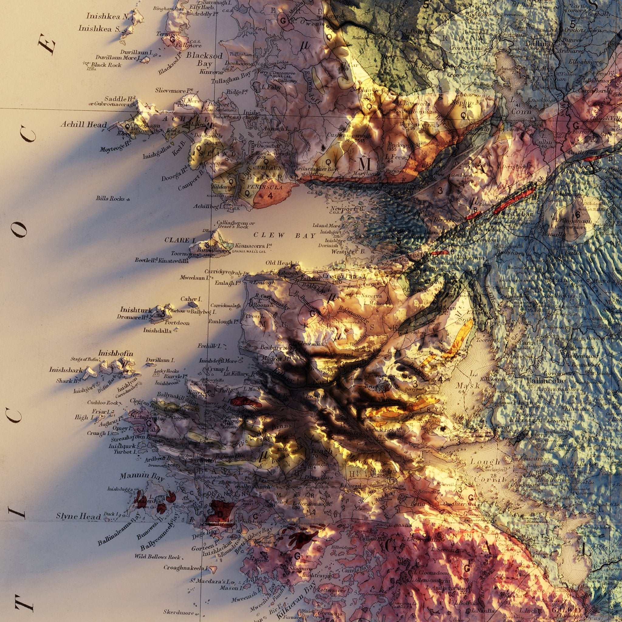Ireland 1878 Shaded Relief Map - Muir Way - Vintage Relief