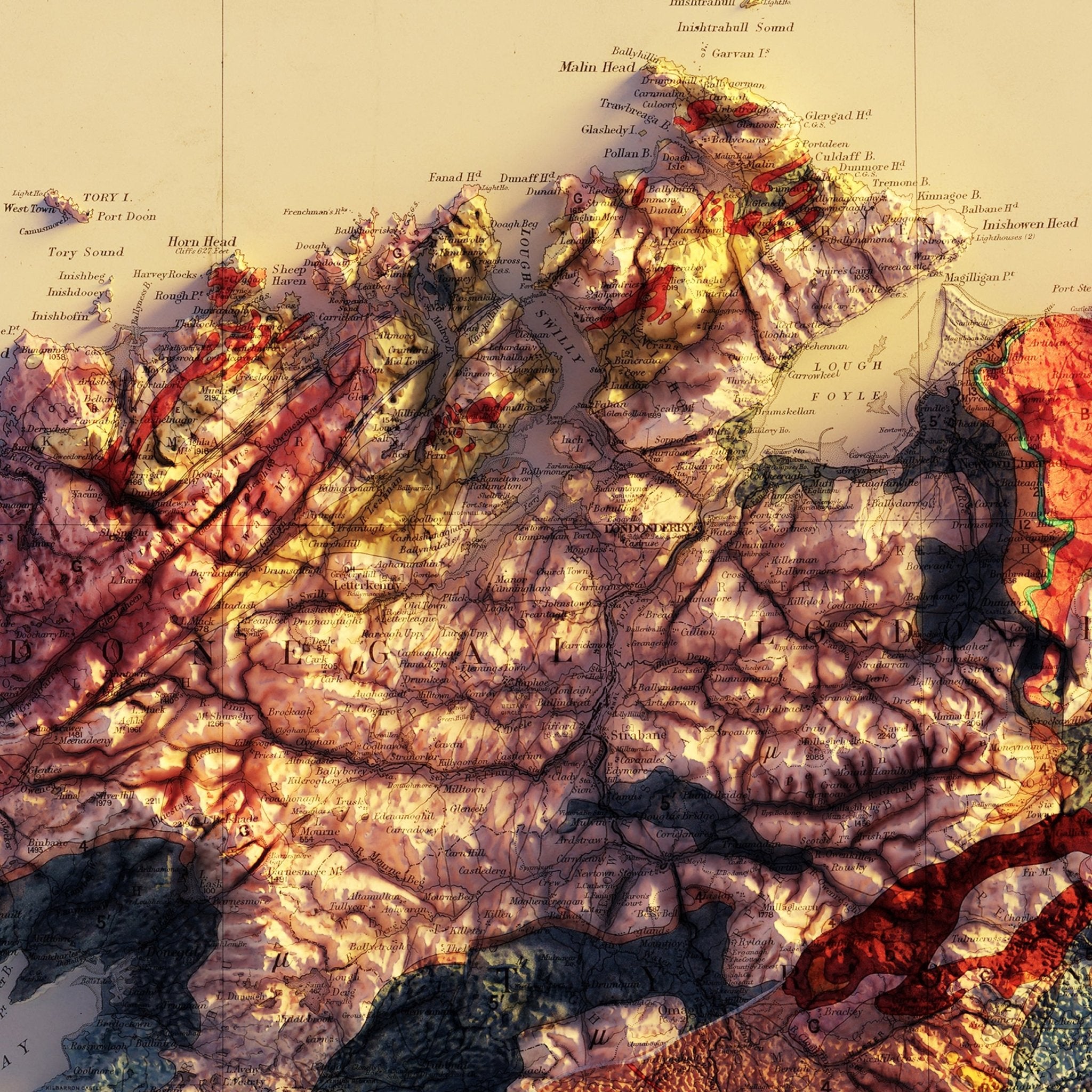 Ireland 1878 Shaded Relief Map - Muir Way - Vintage Relief