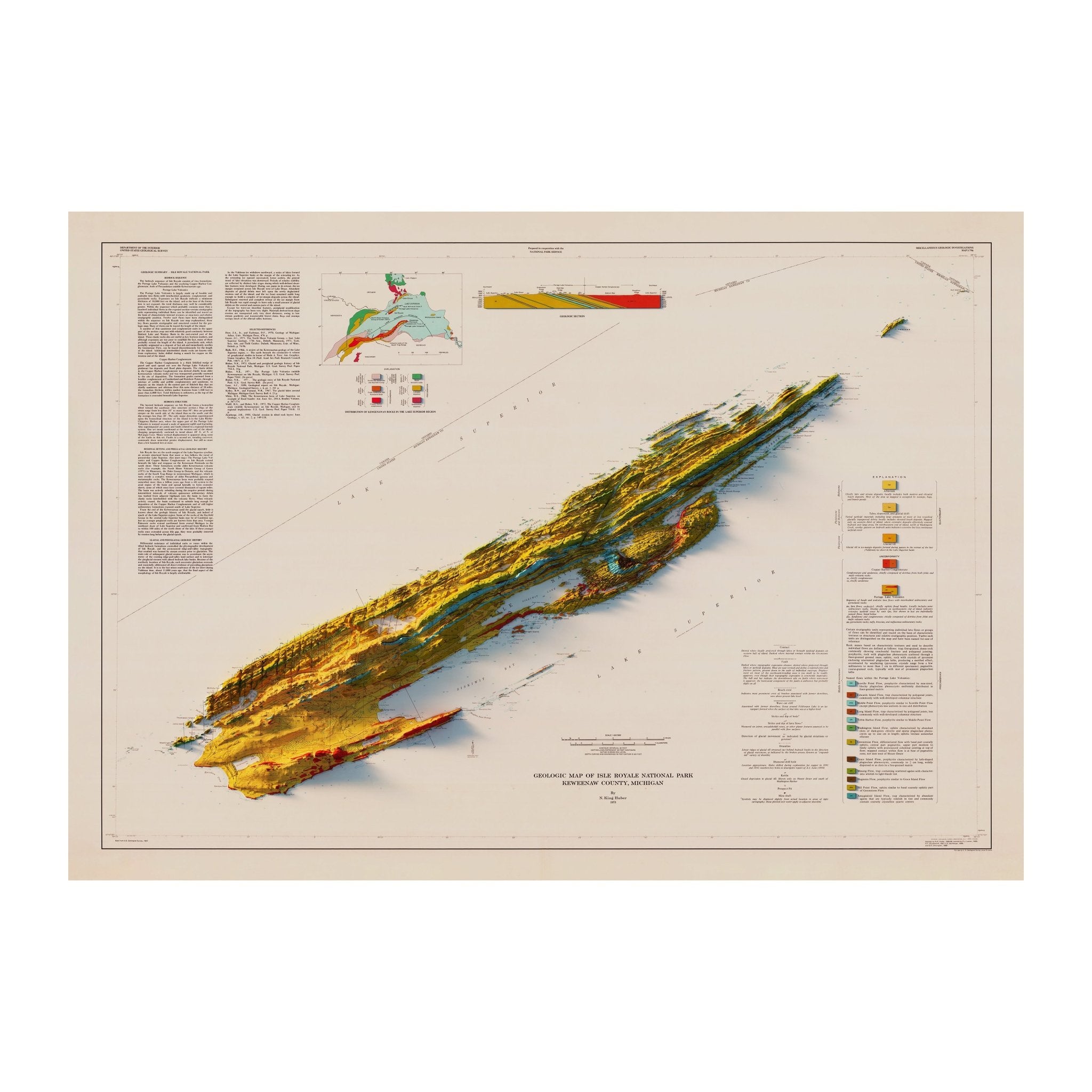 Isle Royale National Park 1973 Shaded Relief Map - Muir Way - Vintage Relief