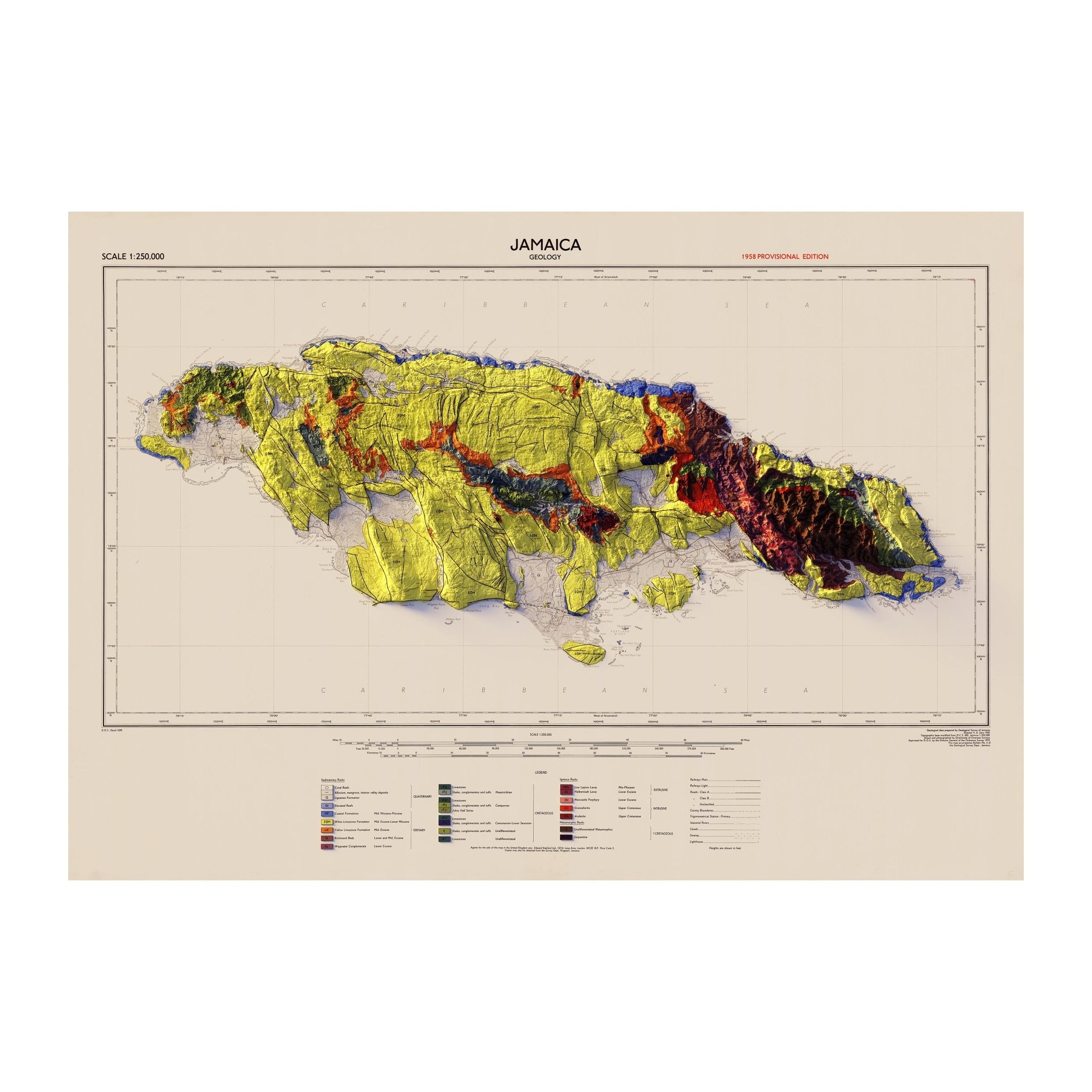 Jamaica 1958 Shaded Relief Map - Muir Way - Vintage Relief
