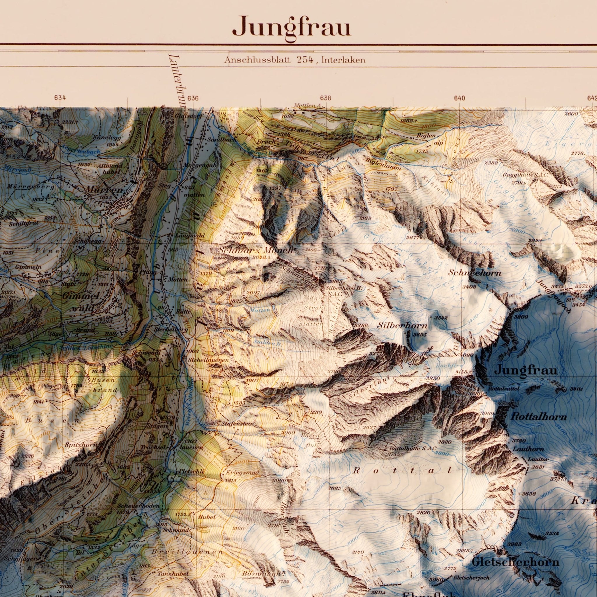 Jungfrau 1956 Shaded Relief Map - Muir Way - Vintage Relief