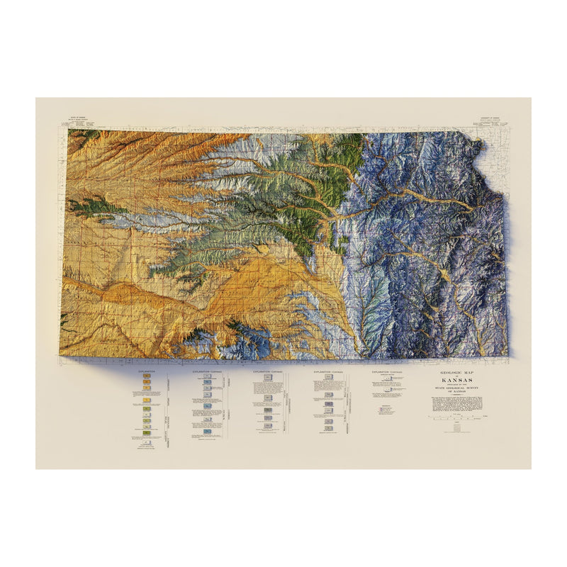 Kansas 1937 Shaded Relief Map - Muir Way - Vintage Relief