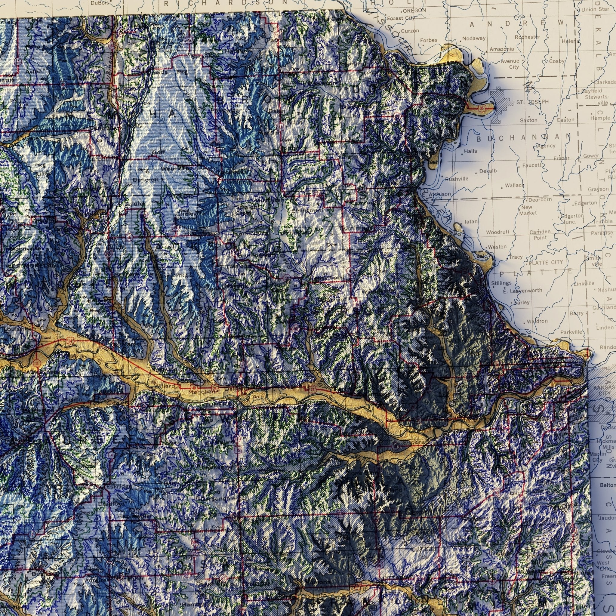 Kansas 1937 Shaded Relief Map - Muir Way - Vintage Relief