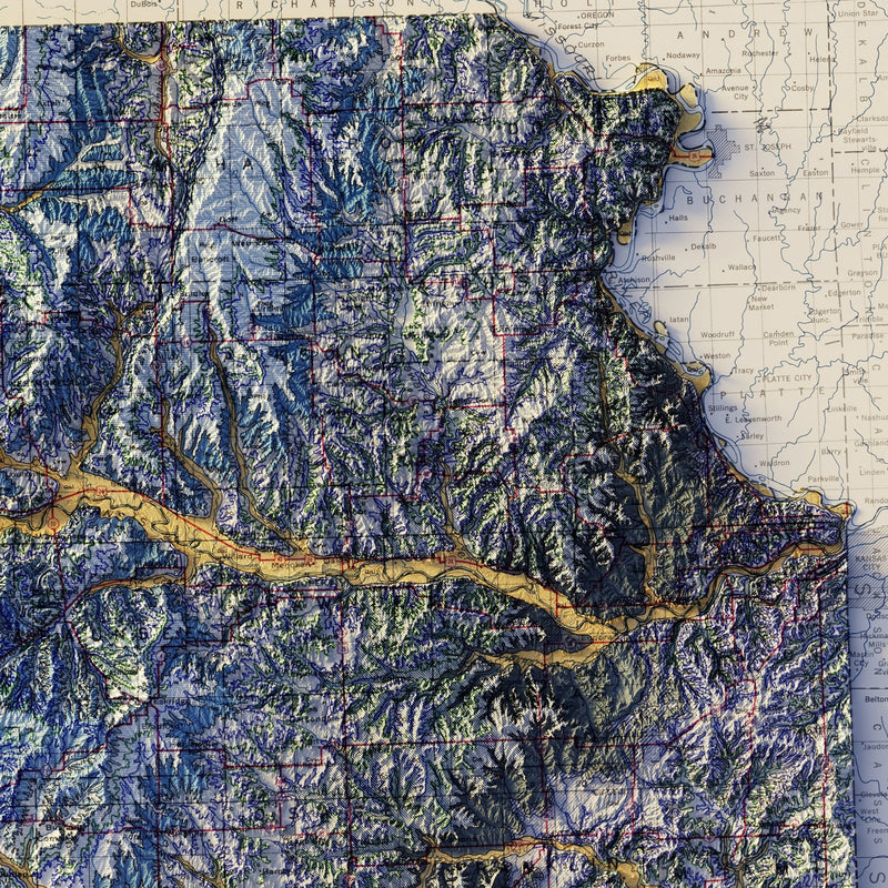Kansas 1937 Shaded Relief Map - Muir Way - Vintage Relief