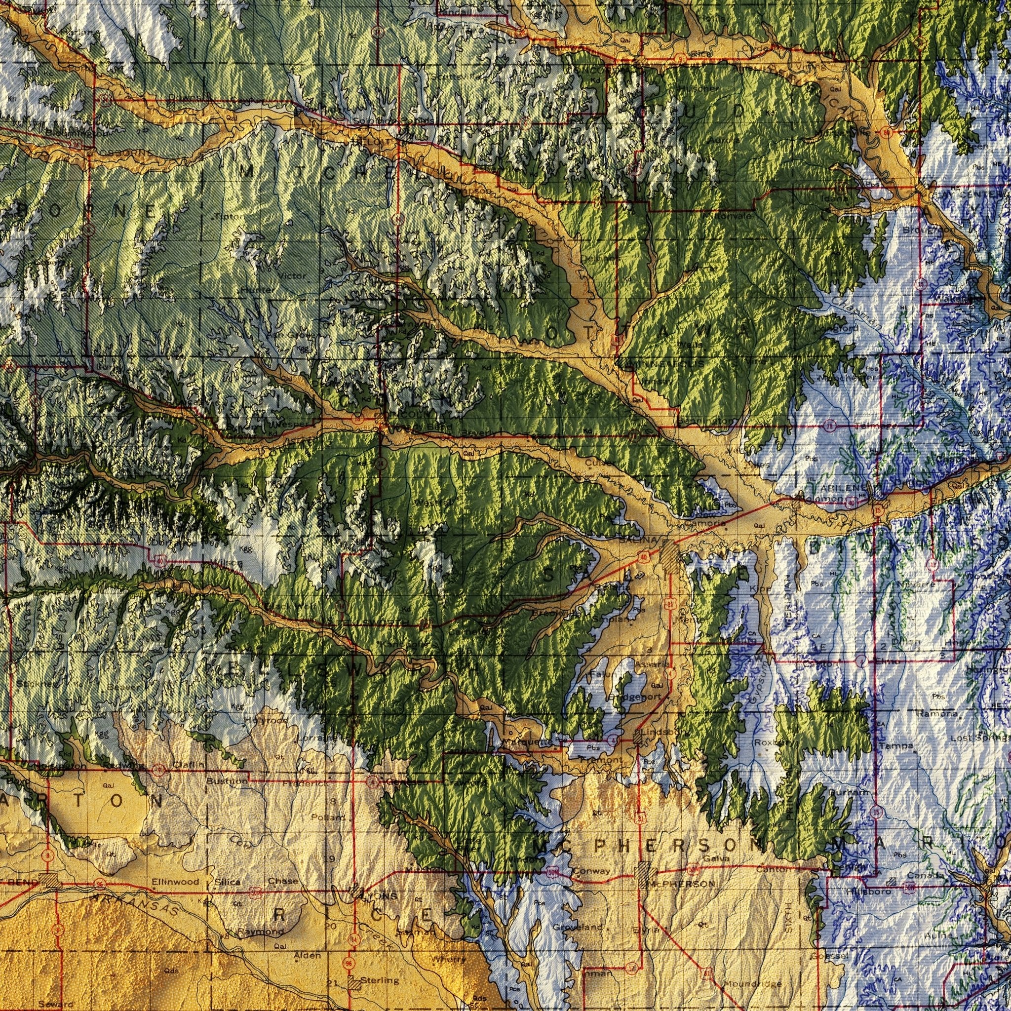Kansas 1937 Shaded Relief Map - Muir Way - Vintage Relief