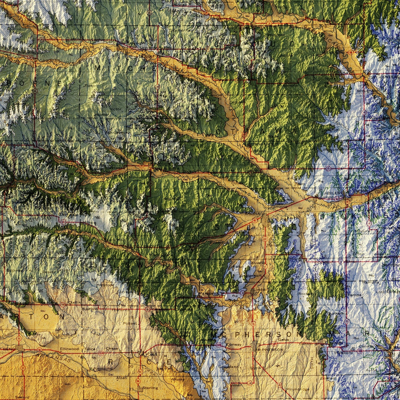 Kansas 1937 Shaded Relief Map - Muir Way - Vintage Relief