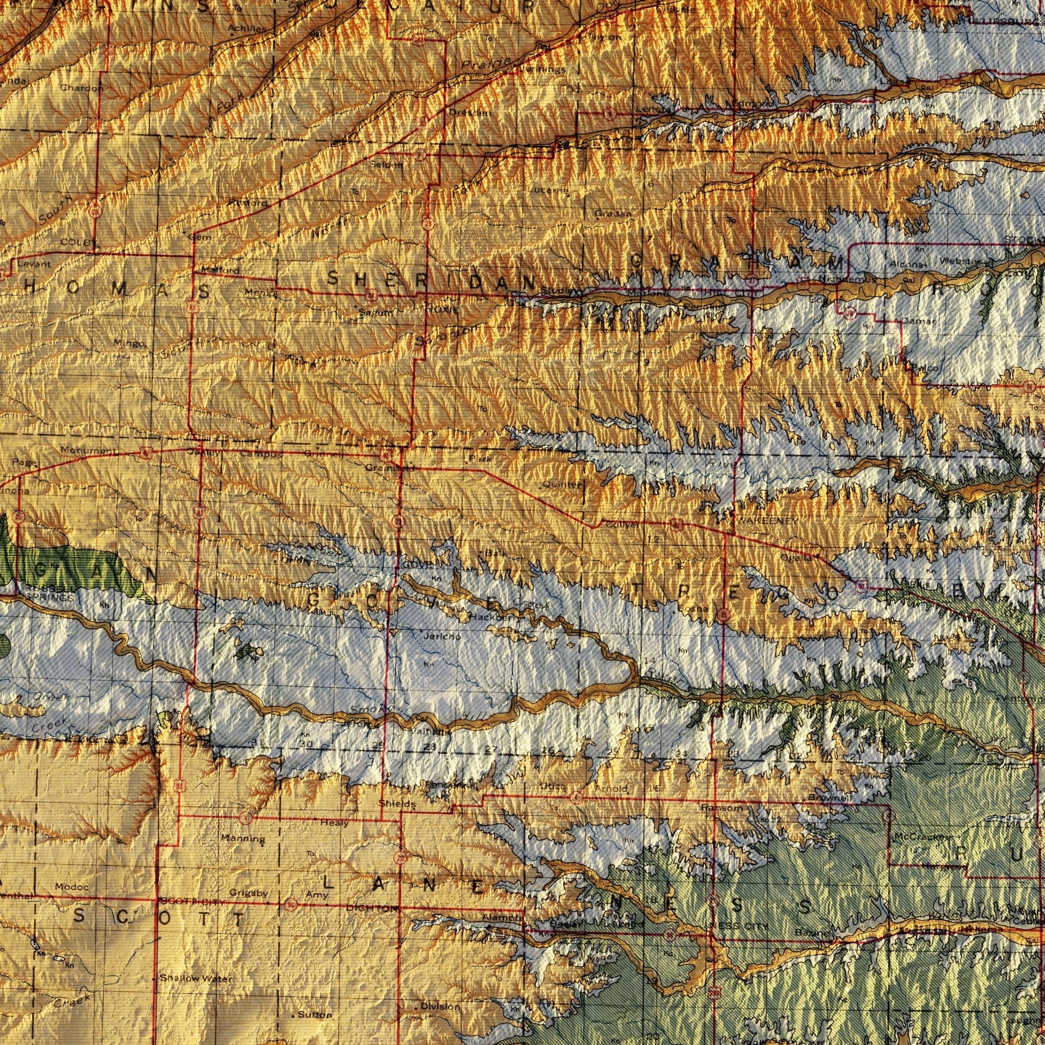 Kansas 1937 Shaded Relief Map - Muir Way - Vintage Relief