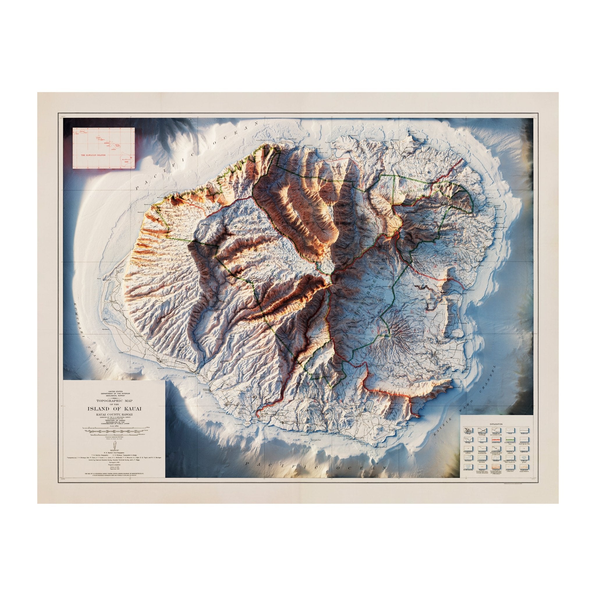 Kauai 1912 Shaded Relief Map - Muir Way - Vintage Relief