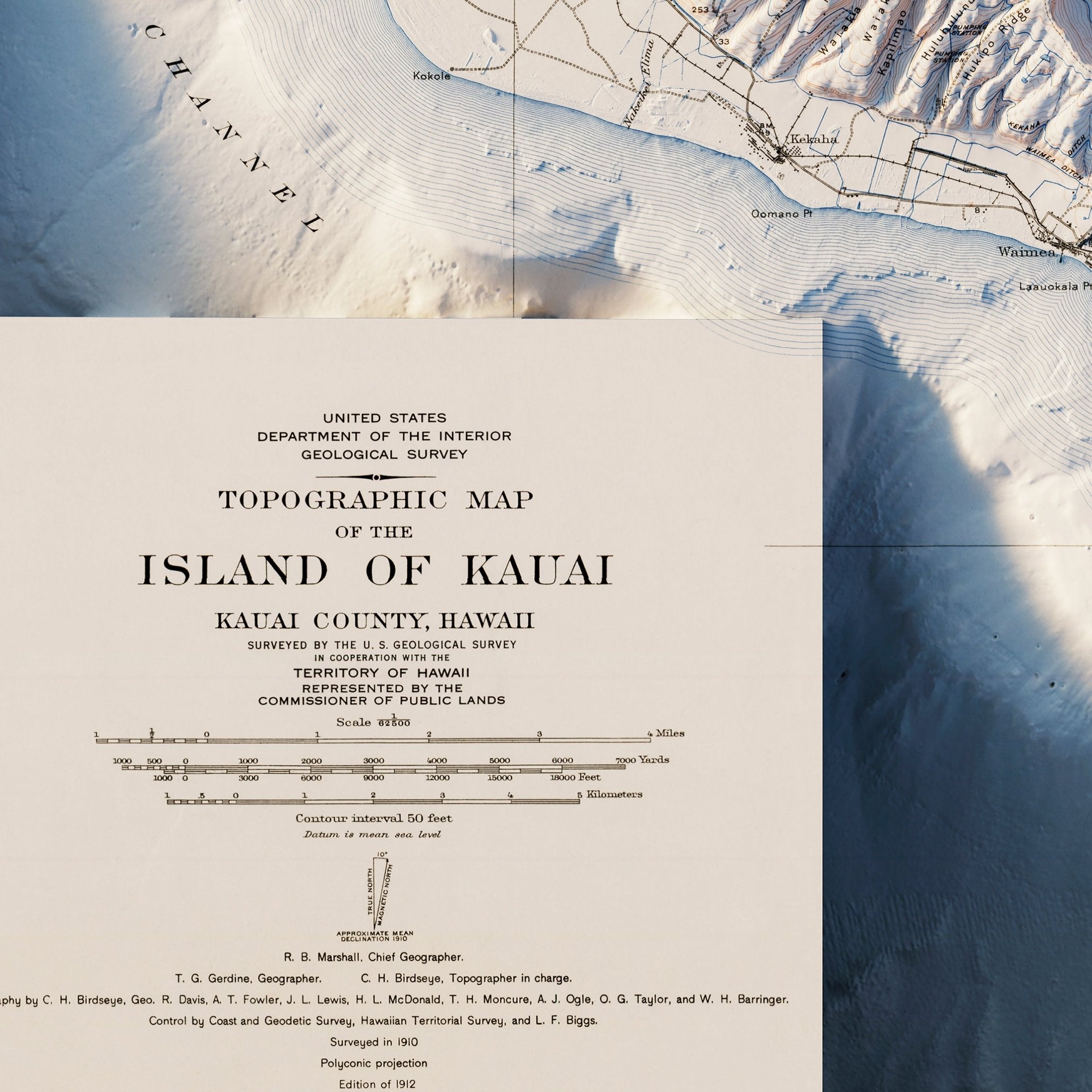 Kauai 1912 Shaded Relief Map - Muir Way - Vintage Relief