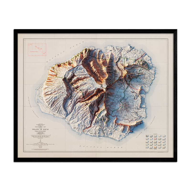 Kauai 1912 Shaded Relief Map - Muir Way - Vintage Relief